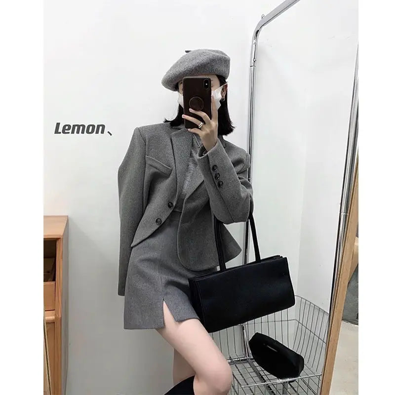 Woolen Suit Women Short Woolen Coat and Skirt Autumn Winter New Retro Korean Fashion Solid Temperament Two-piece Sets Trend