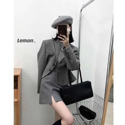 Woolen Suit Women Short Woolen Coat and Skirt Autumn Winter New Retro Korean Fashion Solid Temperament Two-piece Sets Trend