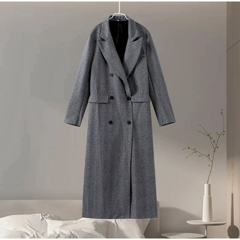 Street Ribbed Woolen Long Coat Women Elegant Double Breasted Lapel Full Sleeve Overcoat Winter New Lady Chic Outwear