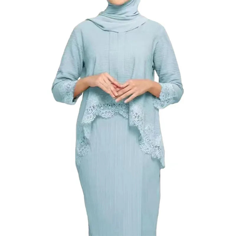 Muslim Abaya Set – Lace Pleated Top & Maxi Skirt