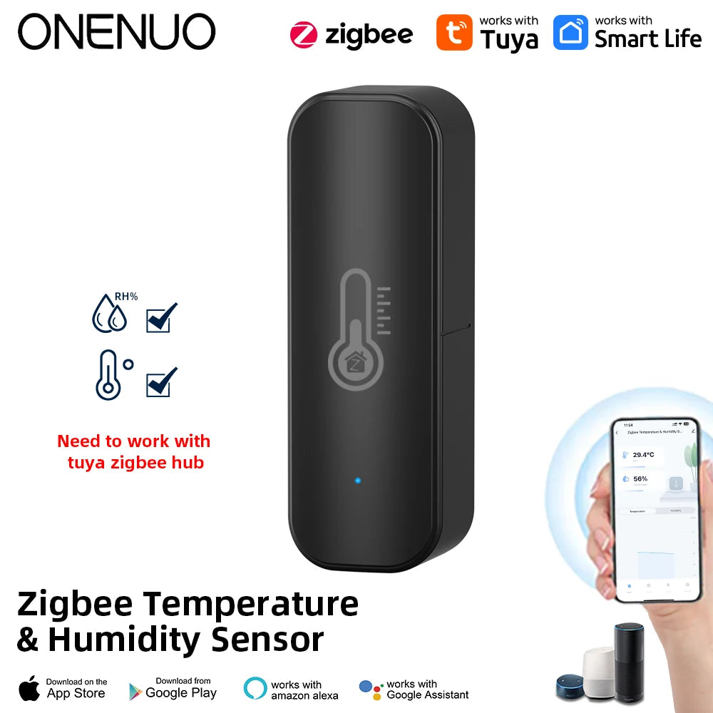 ONENUO Tuya ZigBee Smart Temperature and Humidity Sensor Battery Powered ZigBee Smart Home Security Work With Alexa Google Home