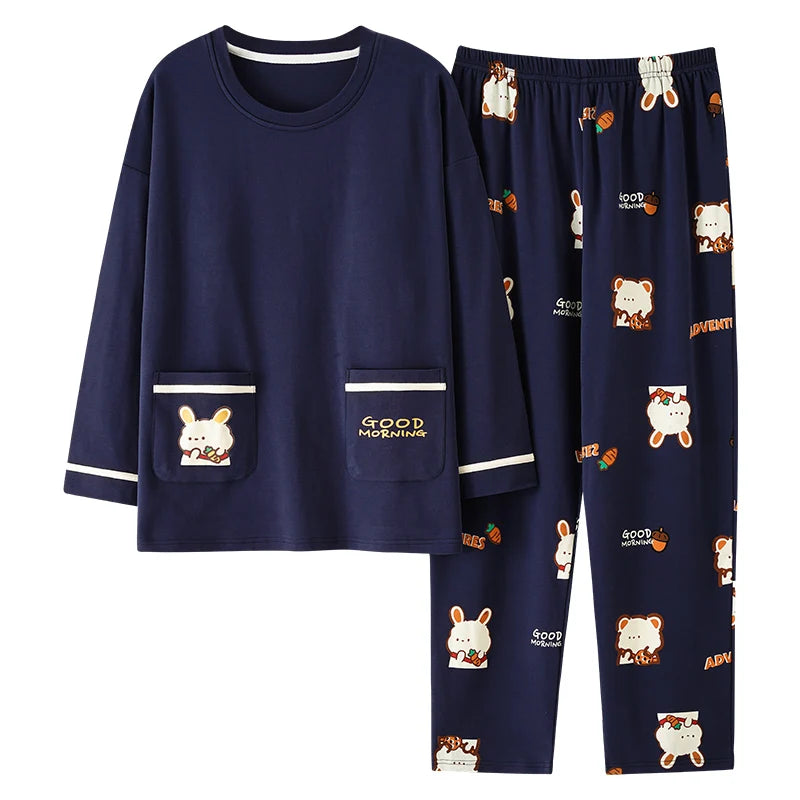 Autumn 100%Cotton Women Pajamas Long Sleeve Women's Pajama Set Print M-5XL Pijama Long Tops+Long Pants Two Piece Set Pyjamas