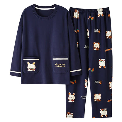 Autumn 100%Cotton Women Pajamas Long Sleeve Women's Pajama Set Print M-5XL Pijama Long Tops+Long Pants Two Piece Set Pyjamas