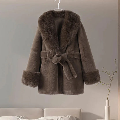 Vintage  Faux Fox Coat Women Luxury Fur Collar  Long Sleeve Oversize With Belt Female Warm Jacket Winter  Lady Plush Top