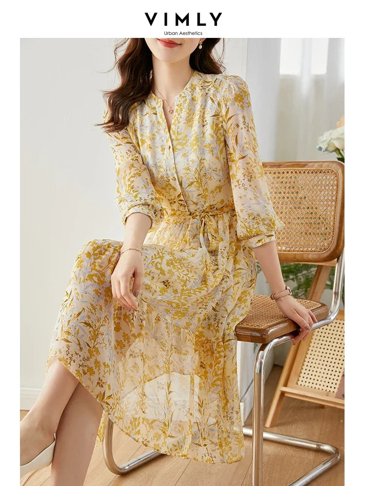 Vimly Chiffon Floral Dress for Women Spring Vacation Outfit Elegant Vintage Long Sleeve Tie Belt Swing Midi Tiered Dresses