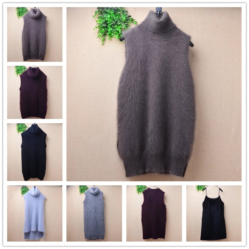 Ladies Women Fall Winter Clothing Hairy Angora Rabbit Hair Knitted Sleeveless Turtleneck Slim Blouses Vest Mink Fur Sweater