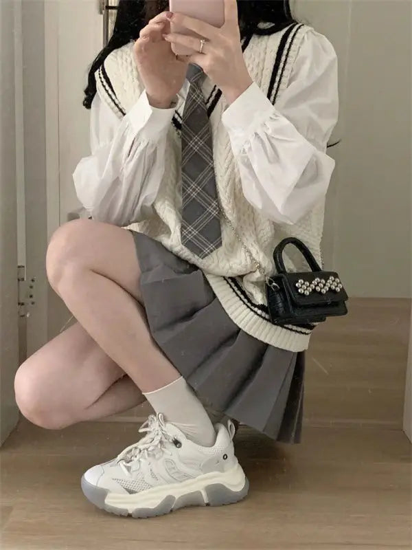 Japanese Cute School Uniform Women Korean Winter Knitting Sweater Skirt Sets V-neck Long Sleeve Jk Uniform School Girl Cosplay