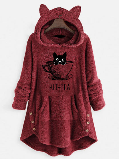 Autumn and Winter Plush Letter Cartoon Print Cat Ears Long-Sleeved Pullover Hooded Loose Casual Street Sweatshirt Women's Warm Top