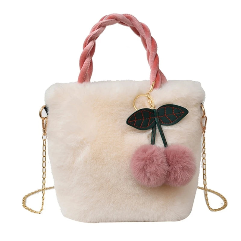 Cute Cherry Plush Bag Handbag Korean INS Autumn Winter Versatile Shoulder Bag Fashion Plush Crossbody Bag Ladies Chain Bag