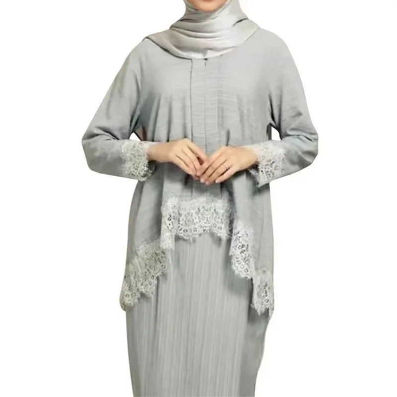 Muslim Abaya Set – Lace Pleated Top & Maxi Skirt