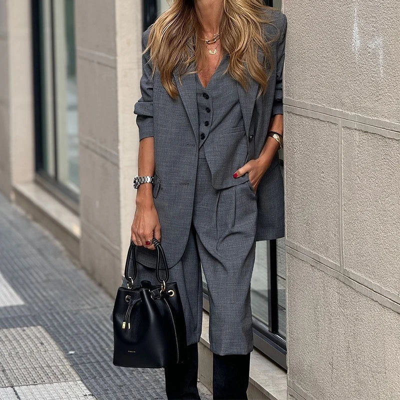 Fashion High Street Button Blazer Outfits Elegant Temperament Professional Suit Autumn Women Long Sleeved Commuting 3 Piece Sets