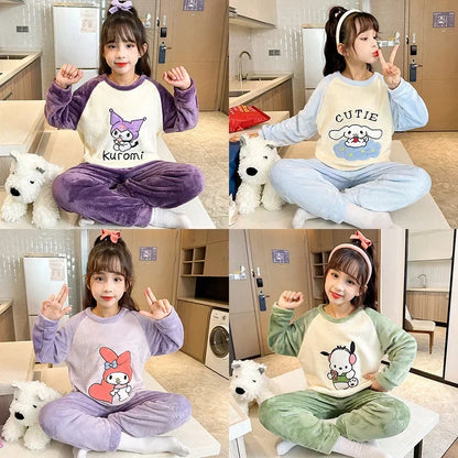 2025 Autumn Winter Flannel Children Pajama Sets Miniso Anime Cartoon Boy Girl Warm Sleepwear Cute Pijama Kids Homewear Clothes