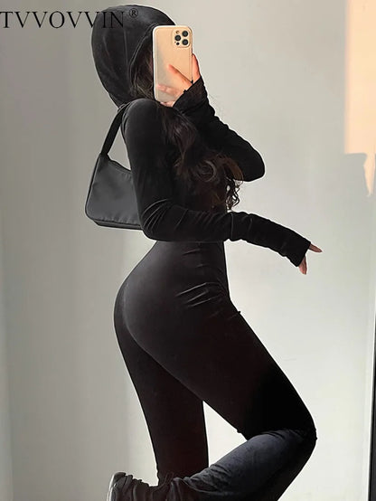 TVVOVVIN  Fashion Black Velvet Slim Hooded Zipper Long Sleeve Flare Pants Jumpsuit Rompers Korean Sexy Hot Tops