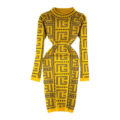 Autumn & Winter Women High Grade Fashion Geometric Prom Knitted Sweater Dress Above Knees Party Jacquard Wrapped Hip Dresses New