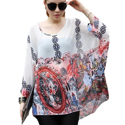 BHflutter 4XL 5XL 6XL Plus Size Blouse Shirt Women New Striped Print Summer Tops Tees Batwing Sleeve Casual Chiffon Blouses 2025