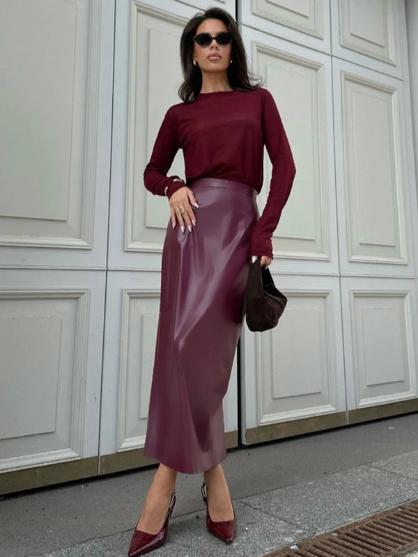 Trendix Women Elegant Burgundy Skirt High Waist Slim Fashion Slit Long Skirts Female Party Slim Club Sexy Vintage PU Skirts