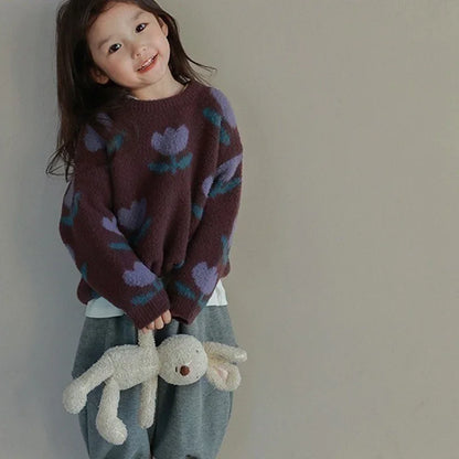 Baby Girls' Flower Pullover Sweater 2025 Autumn Winter New Korean Style Knitwear Girls Fashion Kids Outfit Children Dark Coat