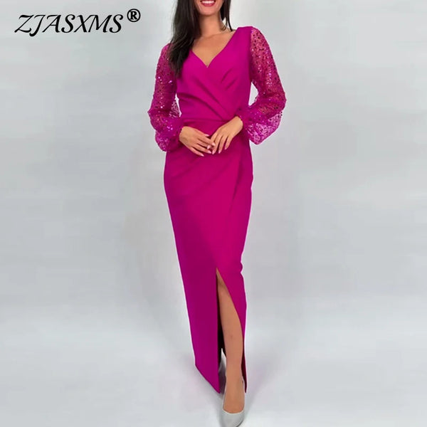 Sexy V Neck Pleated Split Long Dresses for Women Spring Casual Solid Slim Fit Evening Dress Autumn Long Sleeve Sequin Maxi Dress