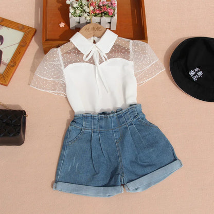 New Fashion Chiffon Blouse for Kids Girls Summer Children White Short Sleeve Shirts Teenage Turn-down Collar Lace Basic Tshirts