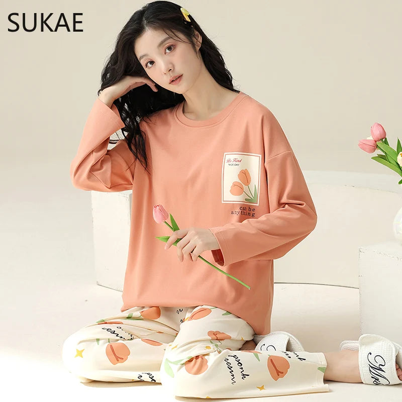 SUKAE M-5XL Big Size Women Pajama Set Autumn Winter New Cotton Long Sleeves Woman Sleepwear Casual Girl Pijama Cartoon Nightwear