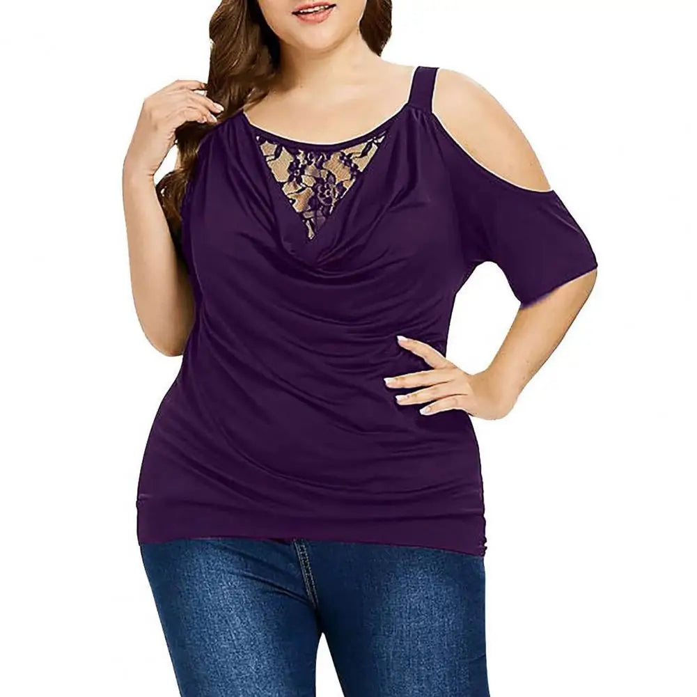 Plus Size Summer Women Blouse Lace Short Sleeves Hollow Out Solid Color See-through Off Shoulder Shirts Blouse Top