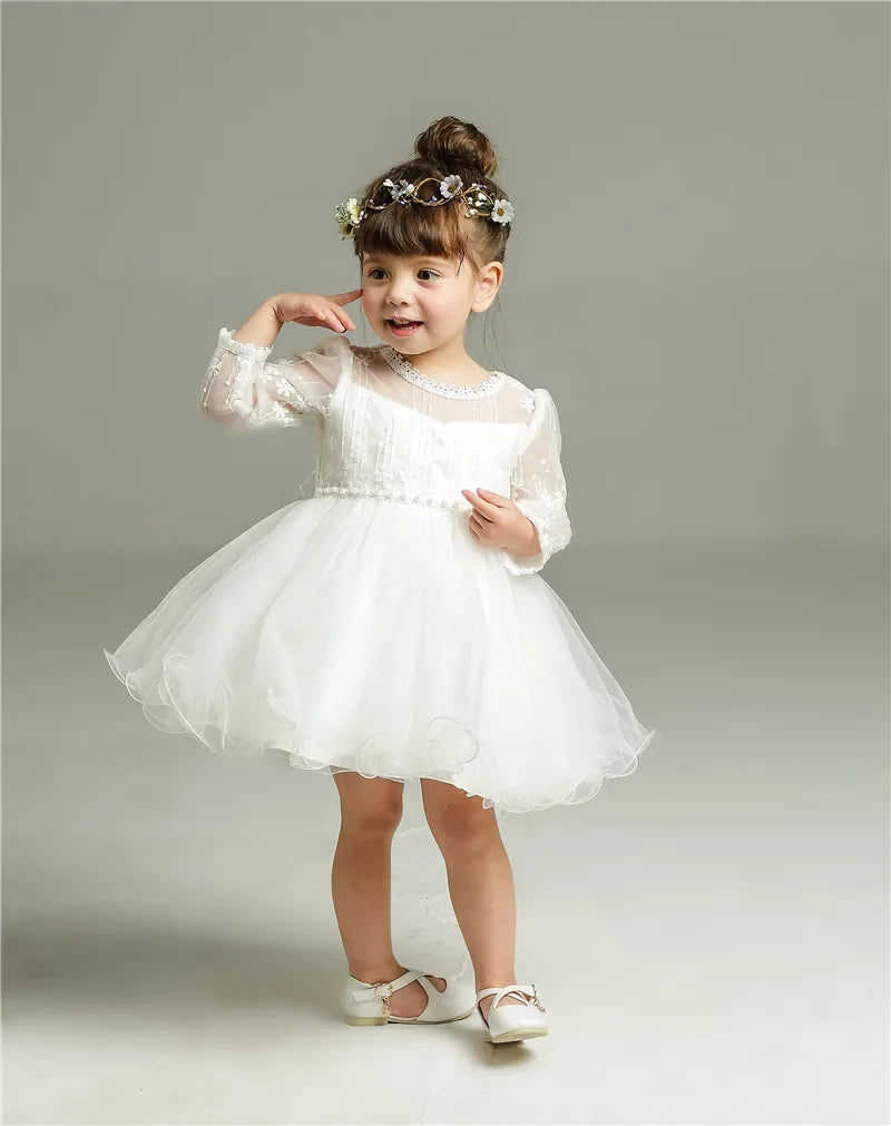 0-24 Months Long Sleeve Baby Girl Dress Infant Toddler Birthday Party Dresses Little Girls White Wedding Baptism Dress