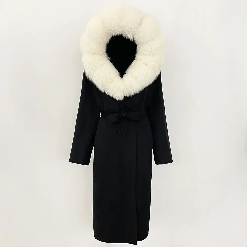 Real Natural Fox Fur Coat Winter Hooded Detachable Collar Fur Jacket Long Woolen Jacket Women Double-faced Casual Overwears