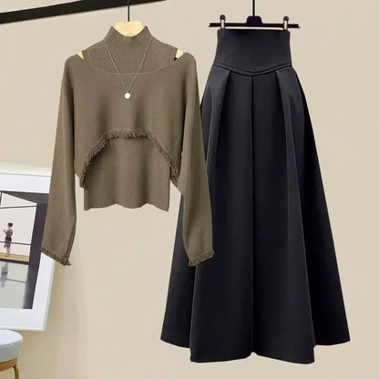 2025 Spring Autumn New Korean Elegant Knit Tassel Cover Up+Half High Collar Bottom Sweater+Midi Skirt 3 Piece Women Dress Suit