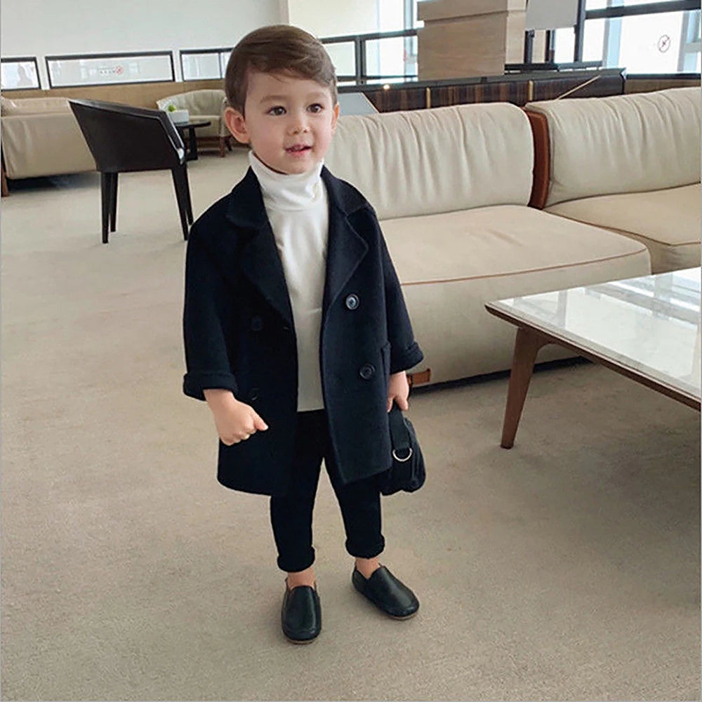 Bear Leader Baby Boys Woolen Jacket Long Double Breasted Warm Infant Toddler Lapel Tweed Coat Autumn Winter Outerwear Coats