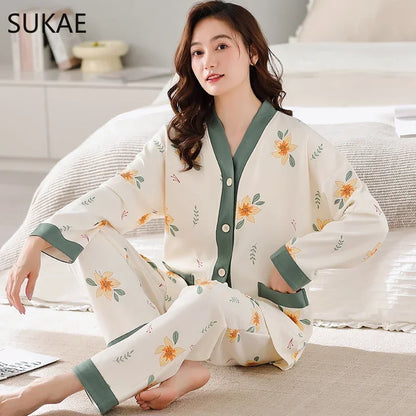 SUKAE New M-5XL Autumn Winter New Cotton Women Pajamas Lady Loungewear Kimono Cardigan Long Sleeves V-neck Homesuit