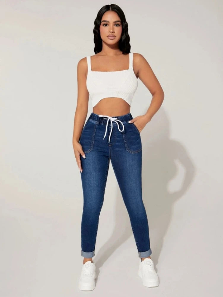 Autumn and Winter Women's High Stretch Elastic Waist Drawstring Jeans Fashion Skinny Slim Ankle-Length Denim Pencil Pants