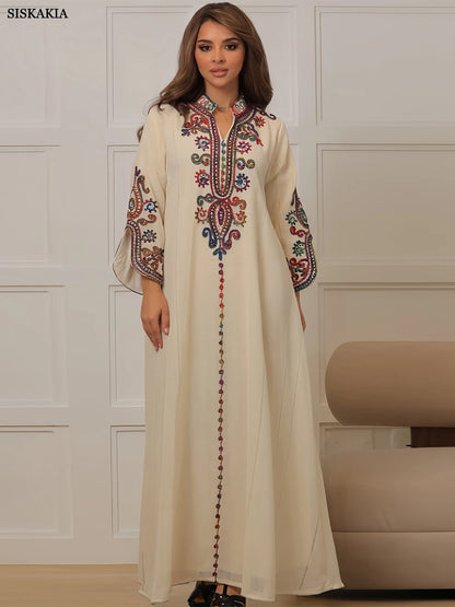 Siskakia Embroideried Luxurious Women's Evening Dress With Long Sleeves V-Neck Fashion Elegant Abayas With Belt Marocain Femme