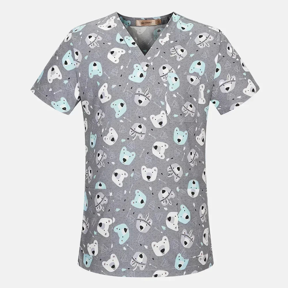 Cartoon Print Women Scrubs Uniform Surgical Top Hospital Doctor Surgery Workwear Dental Clinic Costume Pet Grooming Work Clothes