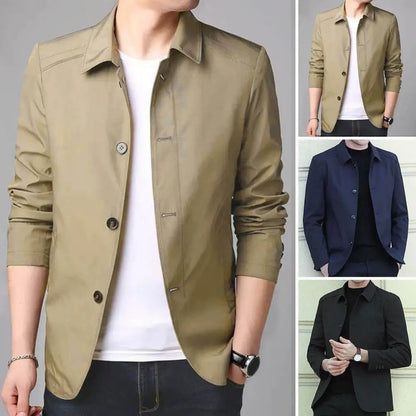 Warm Men Jacket Elegant Men's Mid Length Business Jacket with Turn-down Collar Single-breasted Design for Fall Spring Seasons