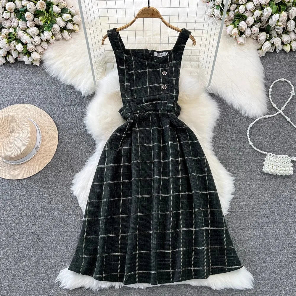 Vintage Korean Two Piece Set Dress Women Autumn Winter Plaid Woolen Spaghetti Strap Dress With Belt Long Sundress Vestidos