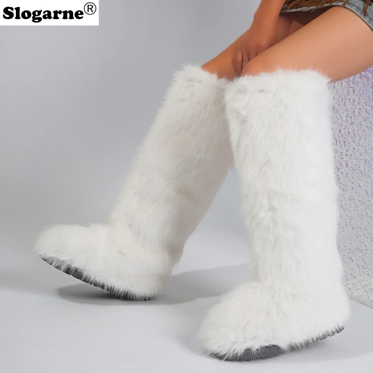 Women New Faux Fox Fur Long Boots Knee High Light Colour Fur Snow Boots Ladies Platform Push Shoes Drop Shipping Winter Shoes