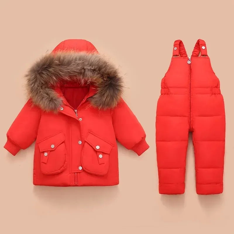 -30 Degree Down Jacket Jumpsuit Winter Overall for Children Clothes Set Baby Boy Parka Real Fur Girl Toddler Thick Warm Snowsuit