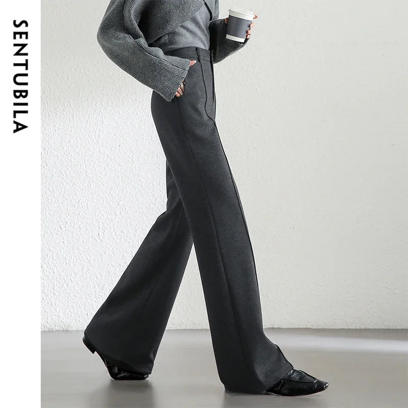 SENTUBILA Wool Blend Flare Pants Women Winter Thick Warm Trousers High Waist Office Lady Fashion