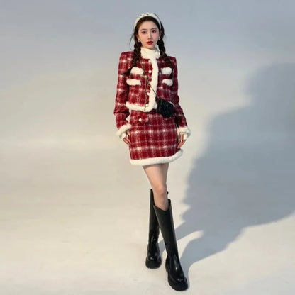 Wool Skirt Set Lady Christmas Knot Day Atmosphere Checkered Coat With Skirt Suits Autumn/Winter Red Grid Hairy Small Fragrant