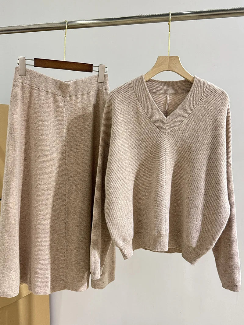 Autumn And Winter New Elegant Ladies Ribbed Wool Cashmere V-Neck Sweater Top + Knitted Skirt Set