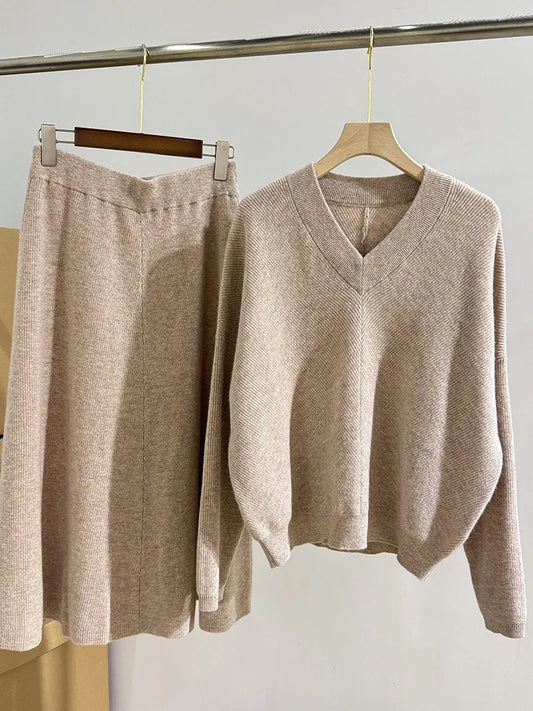 Autumn And Winter New Elegant Ladies Ribbed Wool Cashmere V-Neck Sweater Top + Knitted Skirt Set