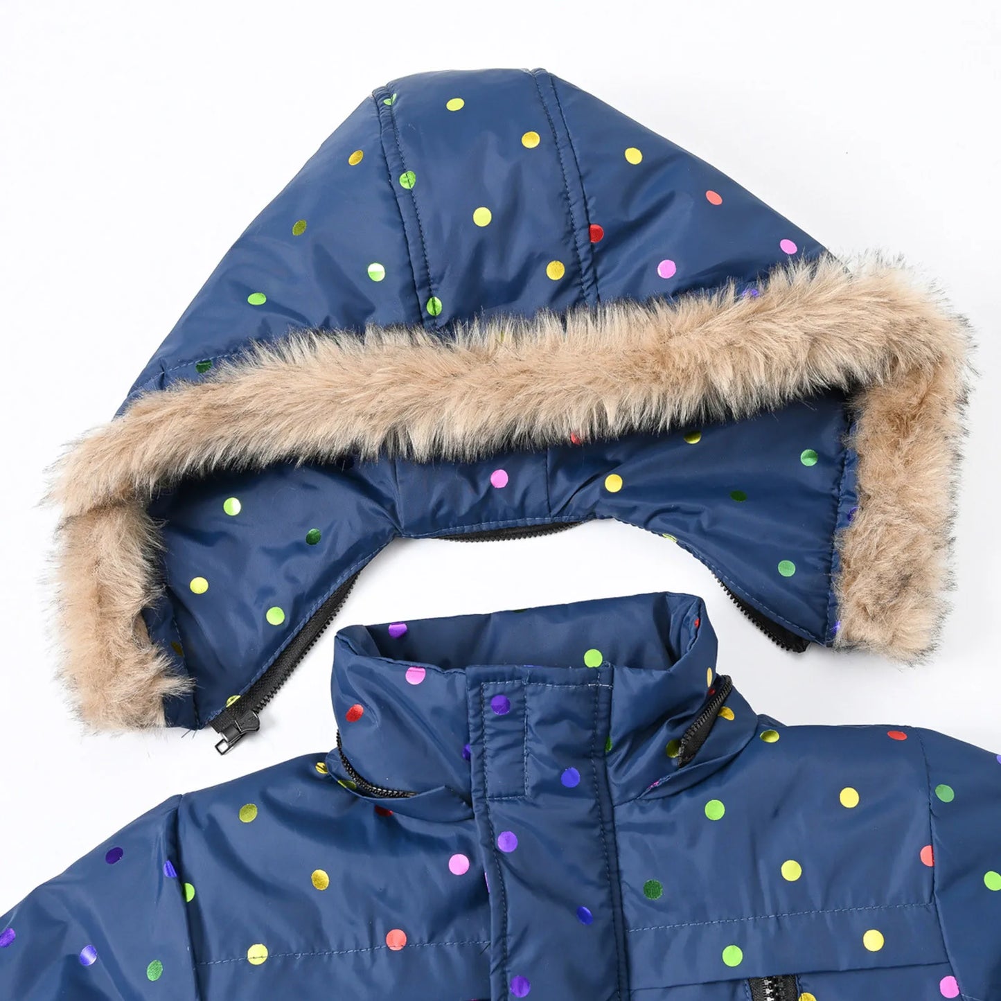 Autumn Winter Girls Jacket Keep Warm Fur Collar Fashion Prints Little Princess Coat Hooded Zipper Girls Outerwear Kids Clothes