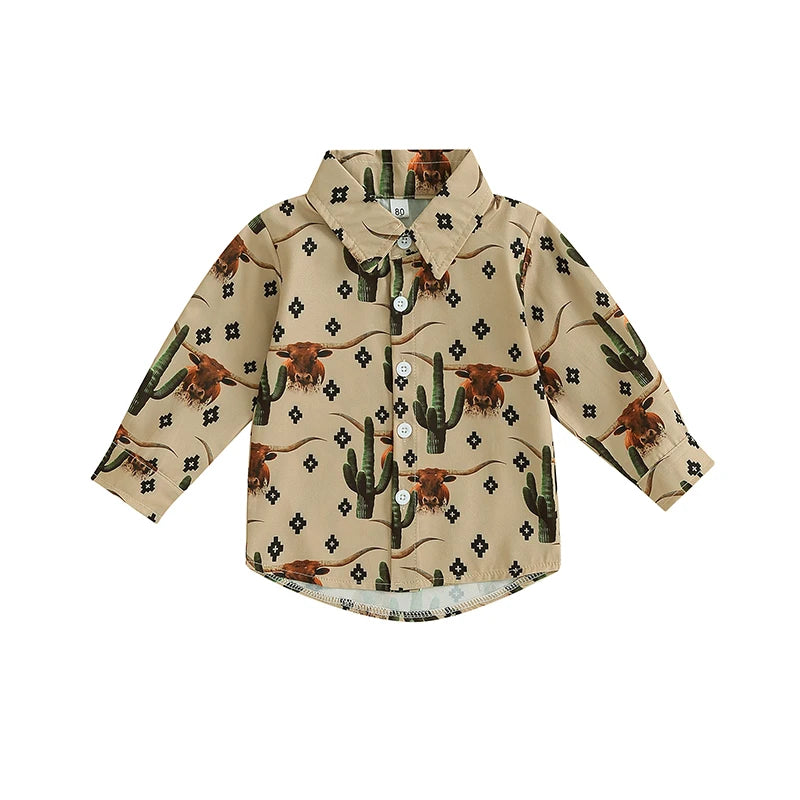 Kids Boys Shirts Western Style Cow Print Long Sleeve Turn-Down Collar Button-Down Toddler Tops Fall Winter Casual Clothes