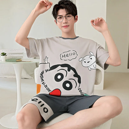 2025 Summer Men’s Sleepwear Cotton Cartoon Pajamas Sets For Man Short Loungewear Young Home Wear Fasion Student Pyjama Set Homme