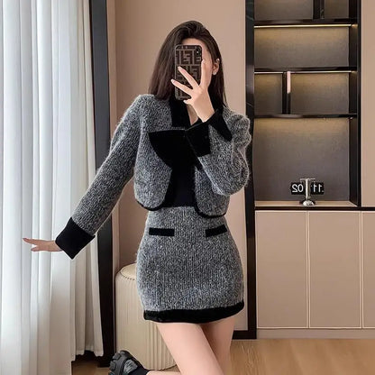 Women's Autumn/winter French Elegant Tweed Suit Skirt Set, Retro Solid Contrasting Woolen Suit Collar Jacket Skirt Two-piece Set