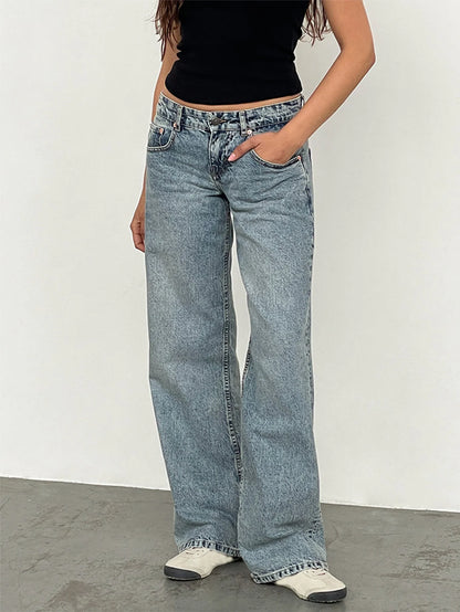 Women Vintage Aesthetic Y2k Low Rise Baggy Jeans Loose Fit Boyfriend Straight Wide Leg Jeans Trendy Stretch Long Denim Pants