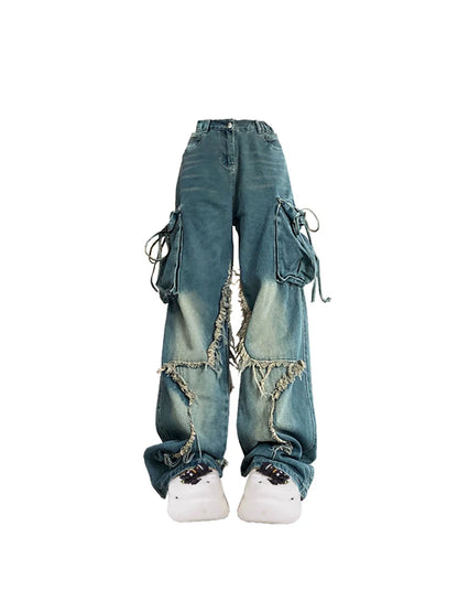 Women Blue Cargo Jeans Baggy Vintage 90s Aesthetic High Waist Cowboy Pants Harajuku Denim Trousers Y2k Trashy 2000s Clothes 2024