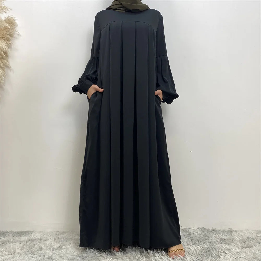 Muslim women elegant fashion dress Arab Turkey round neck gown dress pure color Islamic long dress with pockets