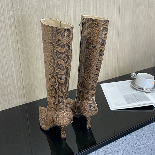 New Mixed Color Snake Patterned Side Zipper Knee High Boots Autumn Winter European American Fashion Pointed High-heel Long Boots