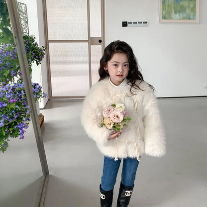 Little Girl Pink Faux Fur Jacket Coat Warm Winter Autumn Thick Fleece Outwear Fashion Kids Plush Outerwear Toddler Child Clothes